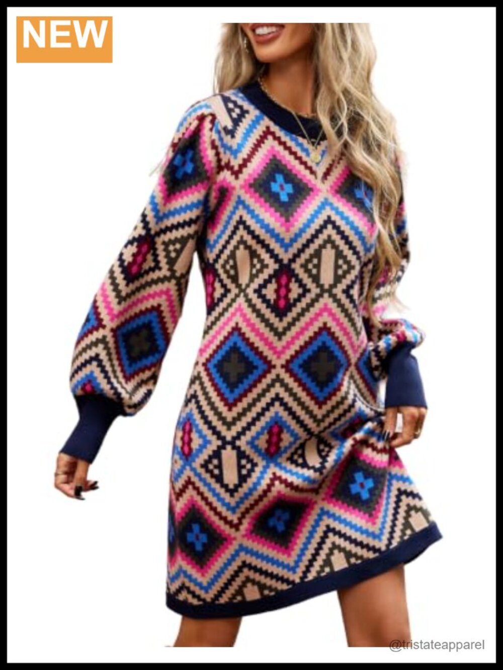 Geometric Jacquard Knit Sweater Dress Puff Sleeve Crew Neck Shift Mini
